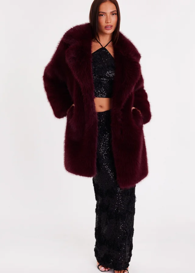 Quiz Burgundy Faux Fur Longline Coat