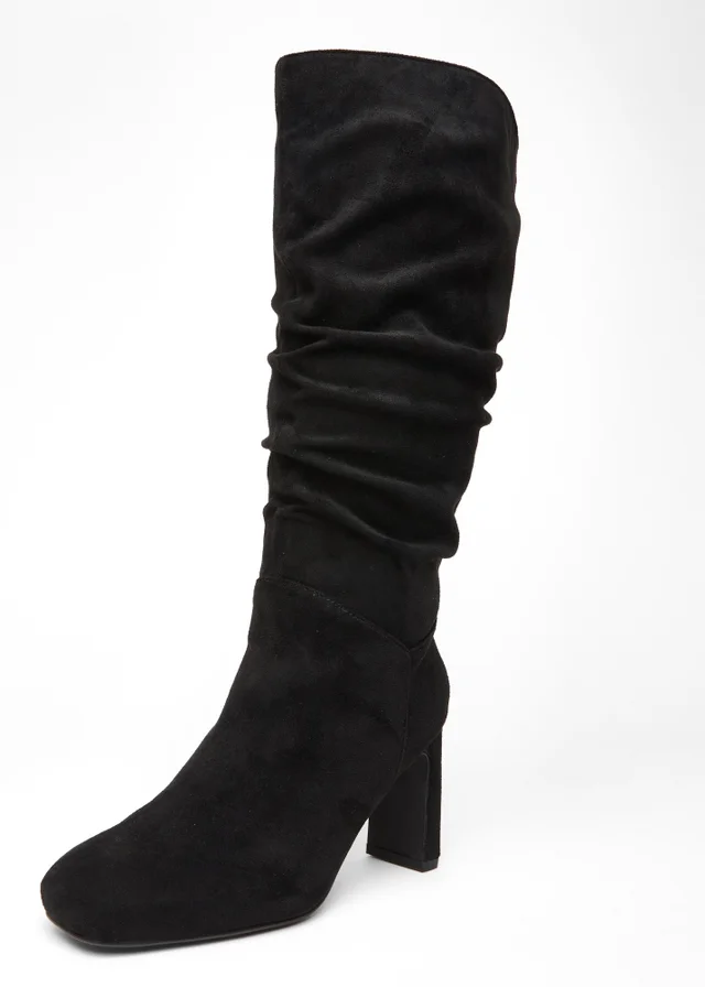Quiz Black Wide Fit Faux Suede Heeled Boot