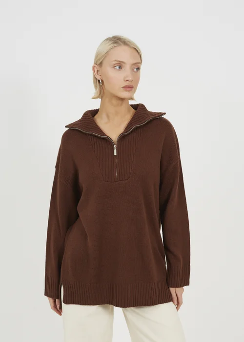 Brave Soul Chocolate Oversized 1/2 Zip Knitted Jumper - Small Image 1
