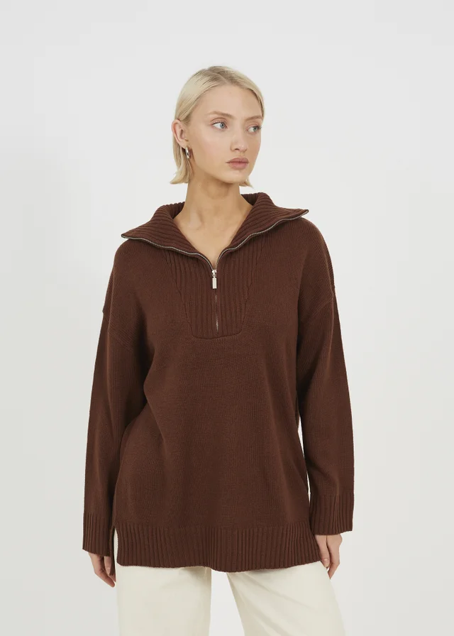 Brave Soul Chocolate Oversized 1/2 Zip Knitted Jumper