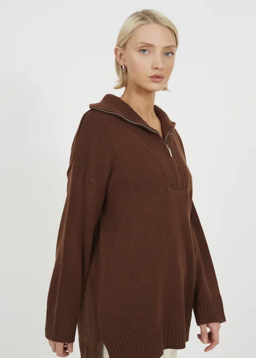 Brave Soul Chocolate Oversized 1/2 Zip Knitted Jumper - Small Image 3