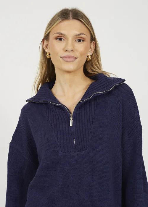 Brave Soul Navy Oversized 1/2 Zip Knitted Jumper - Extra Large Image 3