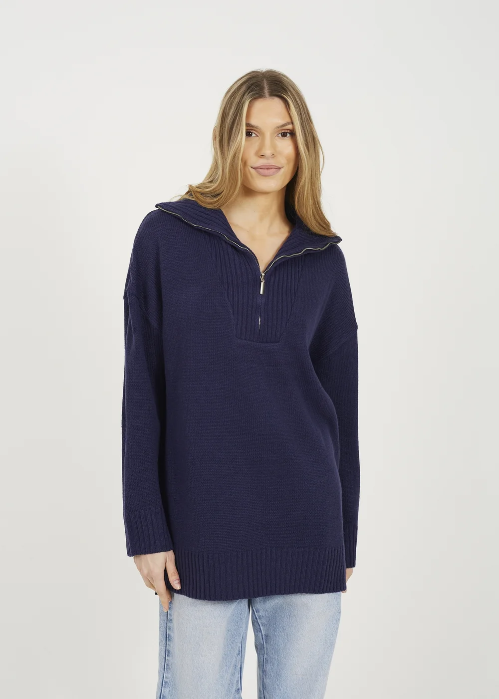 Brave Soul Navy Oversized 1/2 Zip Knitted Jumper - Extra Large Image 1