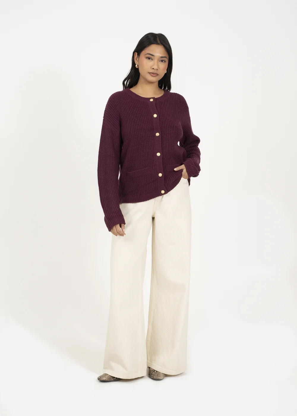 Brave Soul Burgundy Round Neck Fisherman Knit Cardigan - XL Image 4