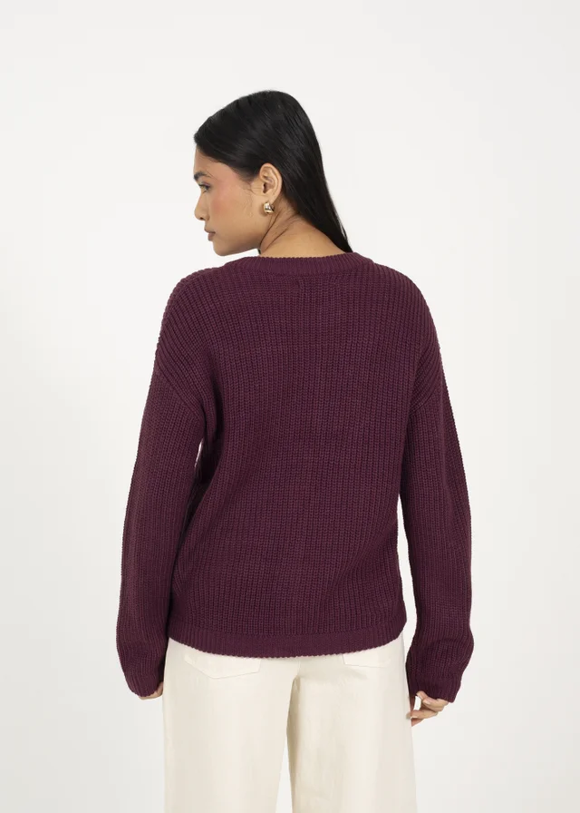 Brave Soul Burgundy Round Neck Fisherman Knit Cardigan
