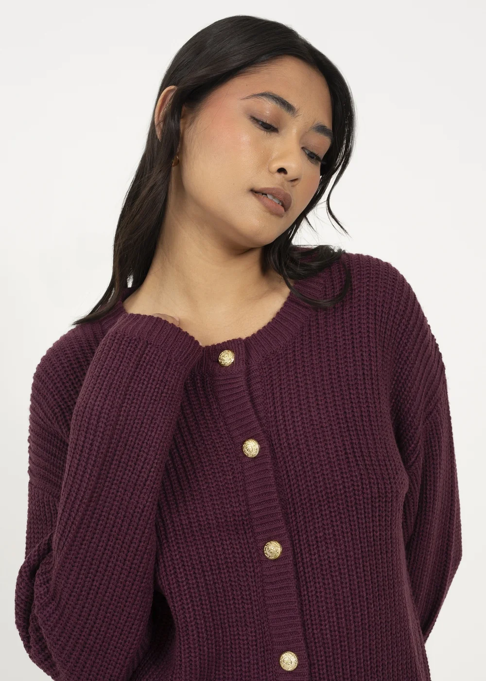 Brave Soul Burgundy Round Neck Fisherman Knit Cardigan - XL Image 3