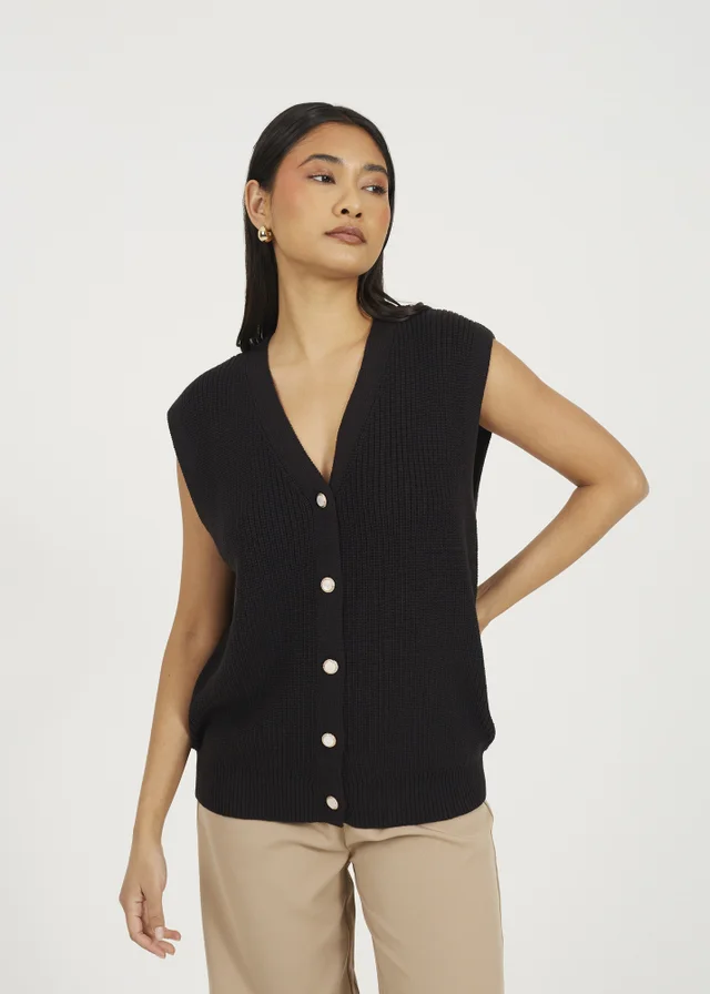 Brave Soul Black V-Neck Fisherman Knit Waistcoat