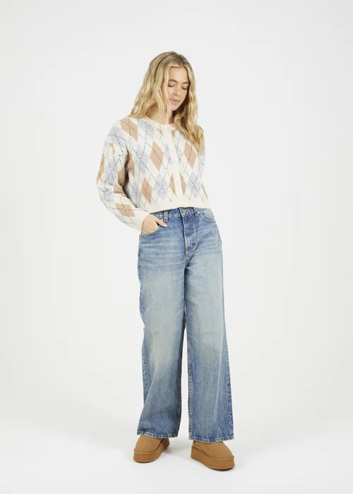 Brave Soul Cream Round Neck Argyle Knit Cardigan - Medium Image 4