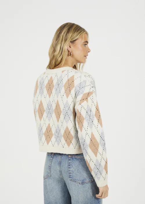 Brave Soul Cream Round Neck Argyle Knit Cardigan - Medium Image 2