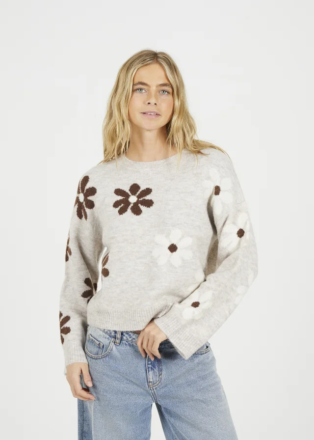 Brave Soul Taupe Floral Jacquard Knit Jumper