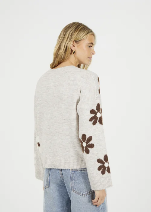 Brave Soul Taupe Floral Jacquard Knit Jumper - Small Image 2