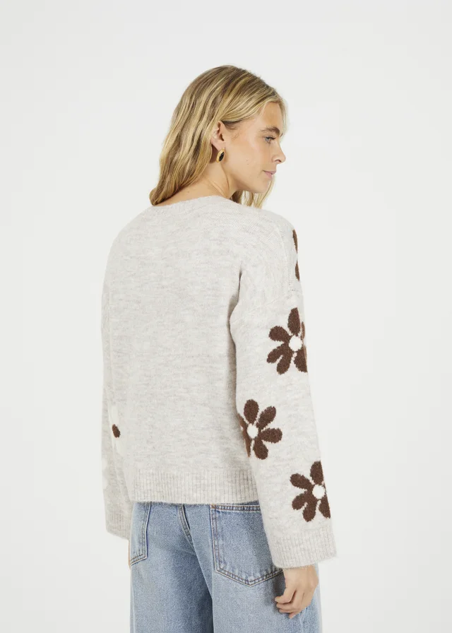 Brave Soul Taupe Floral Jacquard Knit Jumper