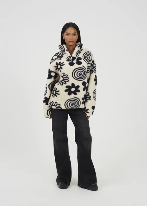Brave Soul Cream Quarter Zip Flower Print Sherpa Fleece - Small Image 4