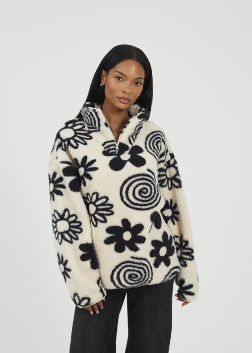 Brave Soul Cream Quarter Zip Flower Print Sherpa Fleece - Small Image 1