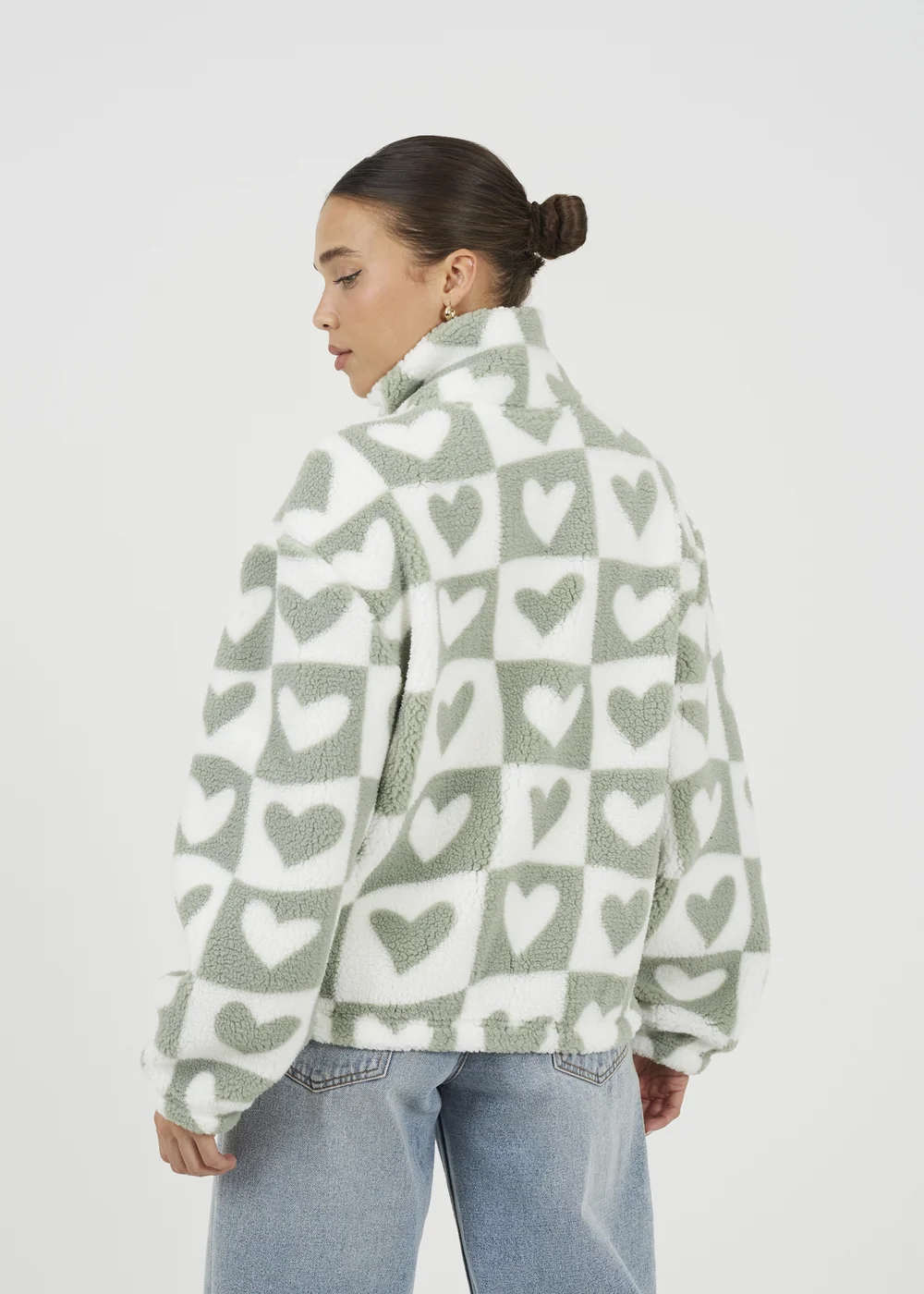 Brave Soul Green Heart Print Zip Through Sherpa Fleece - S Image 2