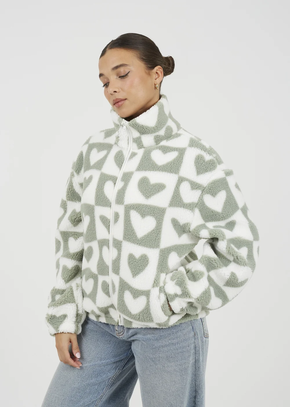 Brave Soul Green Heart Print Zip Through Sherpa Fleece - S Image 1