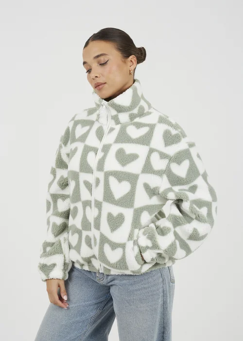 Brave Soul Green Heart Print Zip Through Sherpa Fleece - S Image 1