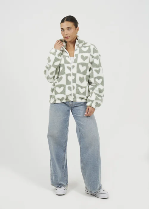 Brave Soul Green Heart Print Zip Through Sherpa Fleece - S Image 4