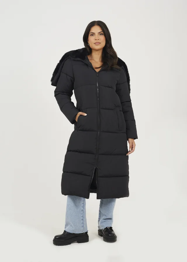 Brave Soul Black Maxi Padded Jacket With Split Hood