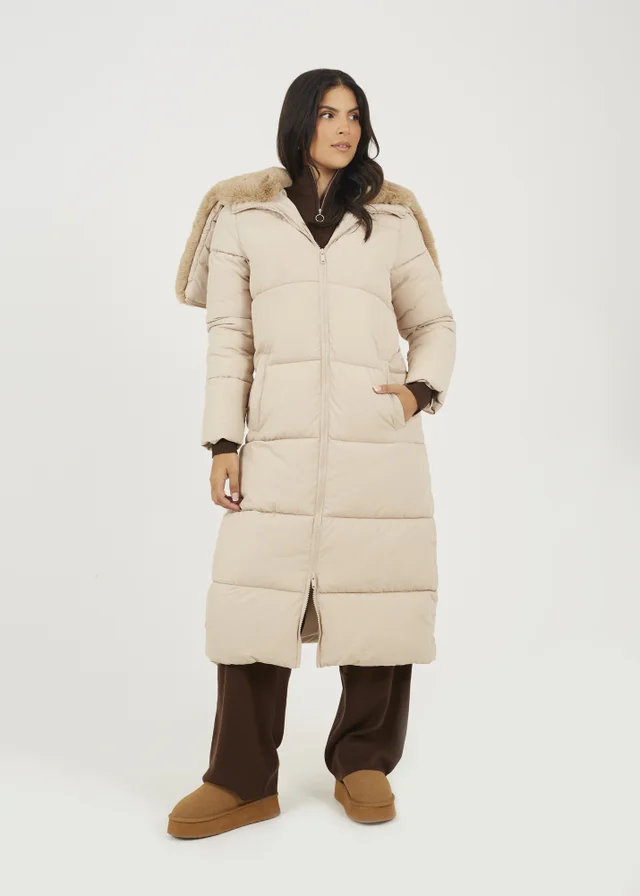 Brave Soul Cream Maxi Padded Jacket With Split Hood