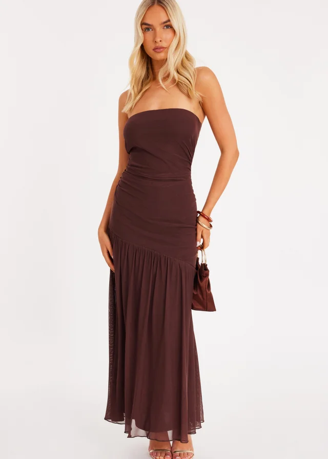 Quiz Brown Mesh Bandeau Midaxi Dress