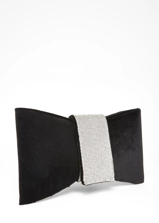 Quiz Black Diamante Bow Clutch Bag