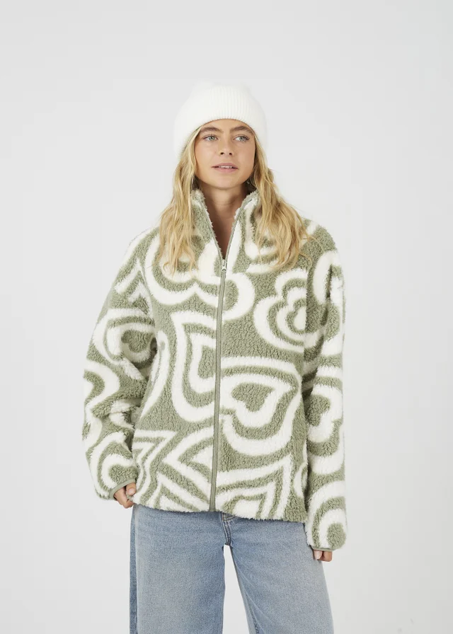 Brave Soul Soft Green Graphic Heart Print Zip Through Sherpa Fleece