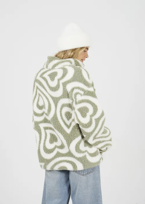 Brave Soul Soft Green Graphic Heart Print Zip Through Sherpa Fleece - S Image 2