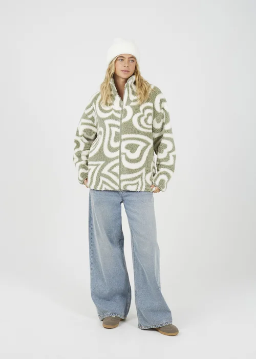 Brave Soul Soft Green Graphic Heart Print Zip Through Sherpa Fleece - S Image 4