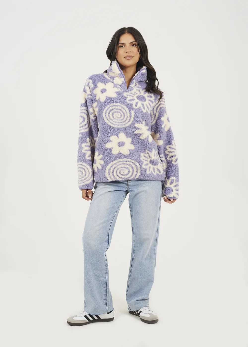 Brave Soul Lilac Quarter Zip Flower Print Sherpa Fleece - S Image 4