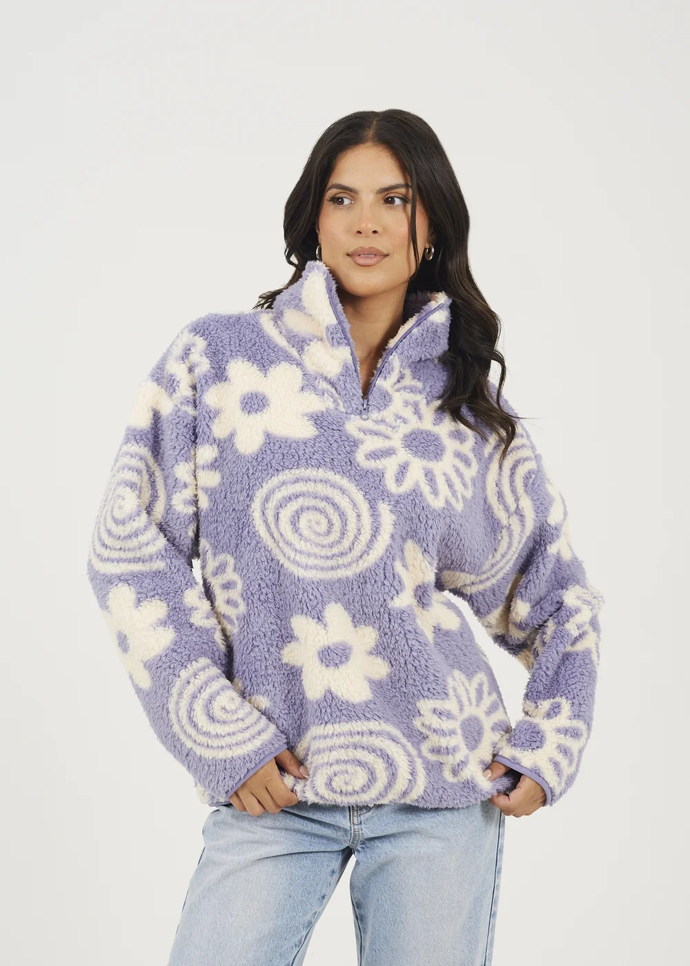 Brave Soul Lilac Quarter Zip Flower Print Sherpa Fleece - S Image 1