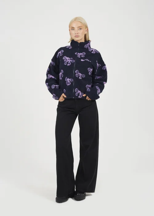 Brave Soul Navy Graphic Bow Print Zip Through Sherpa Fleece - XS Image 4