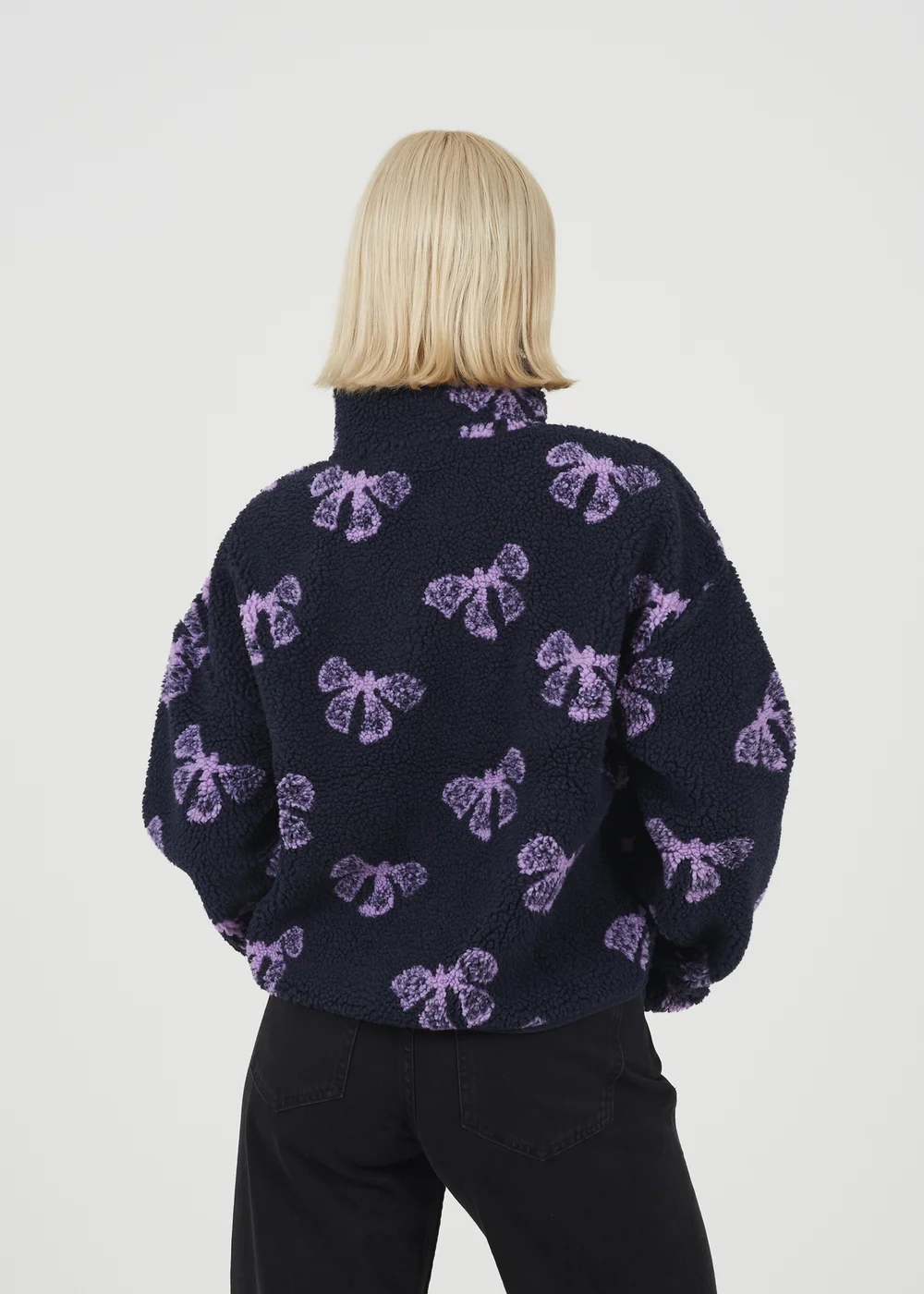 Brave Soul Navy Graphic Bow Print Zip Through Sherpa Fleece - XS Image 2