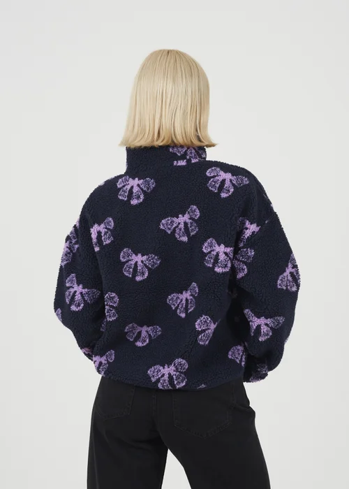 Brave Soul Navy Graphic Bow Print Zip Through Sherpa Fleece - XS Image 2