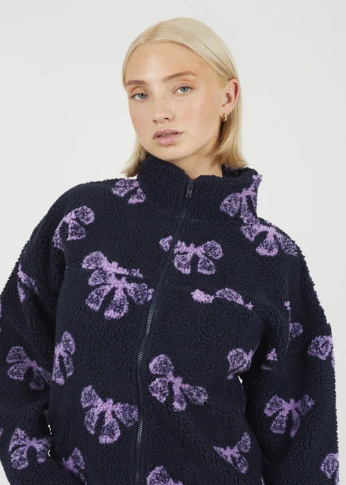 Brave Soul Navy Graphic Bow Print Zip Through Sherpa Fleece - XS Image 3