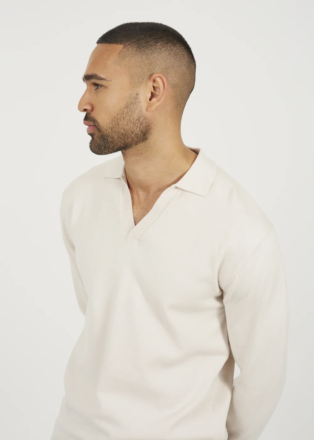 Brave Soul Cream Long Sleeve Trophy Neck Polo - L Image 3
