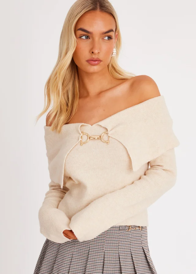 Quiz Stone Bardot Chain Front Jumper