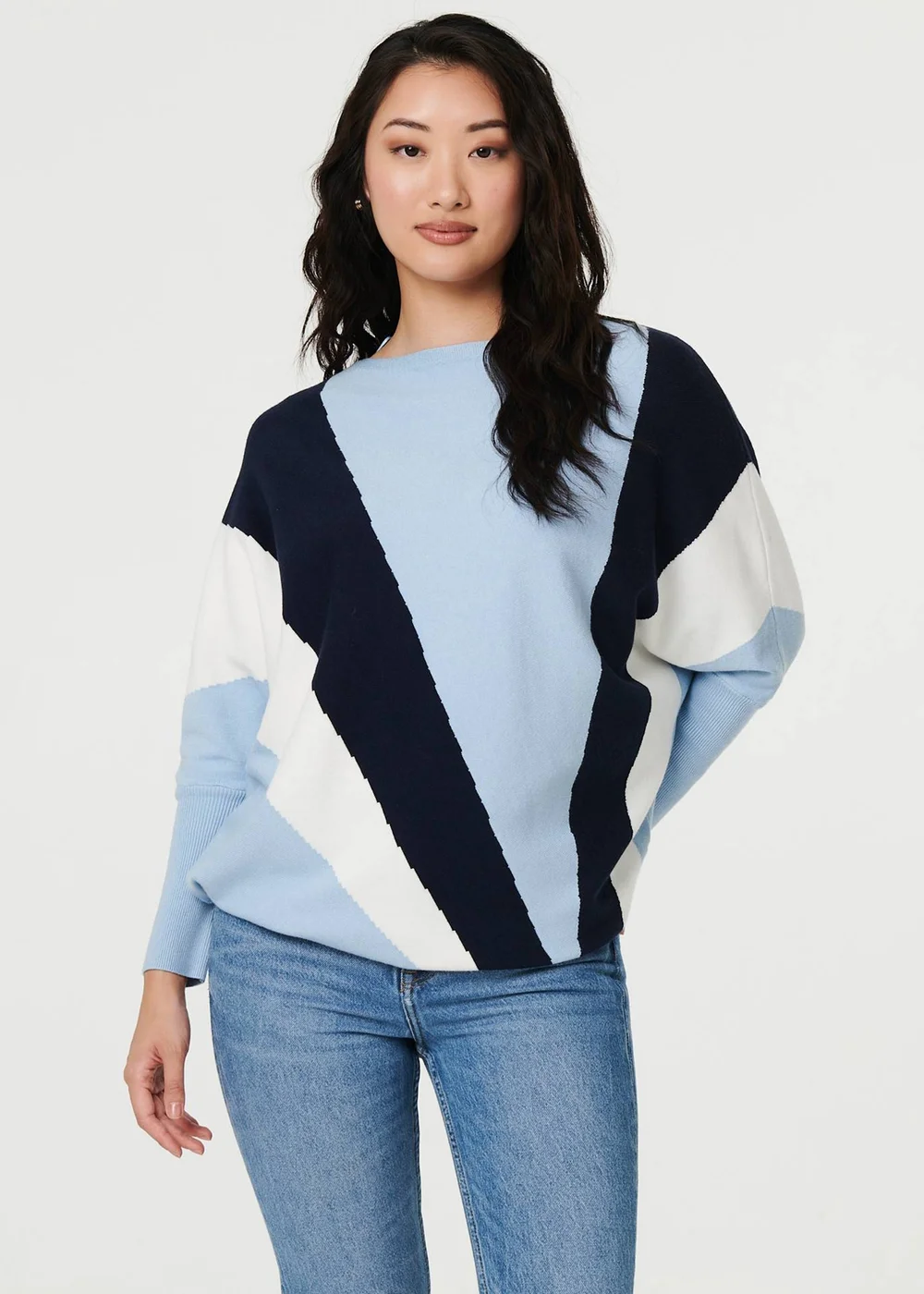 Izabel London Blue Colour Block Print Batwing Sleeve Jumper - S Image 1