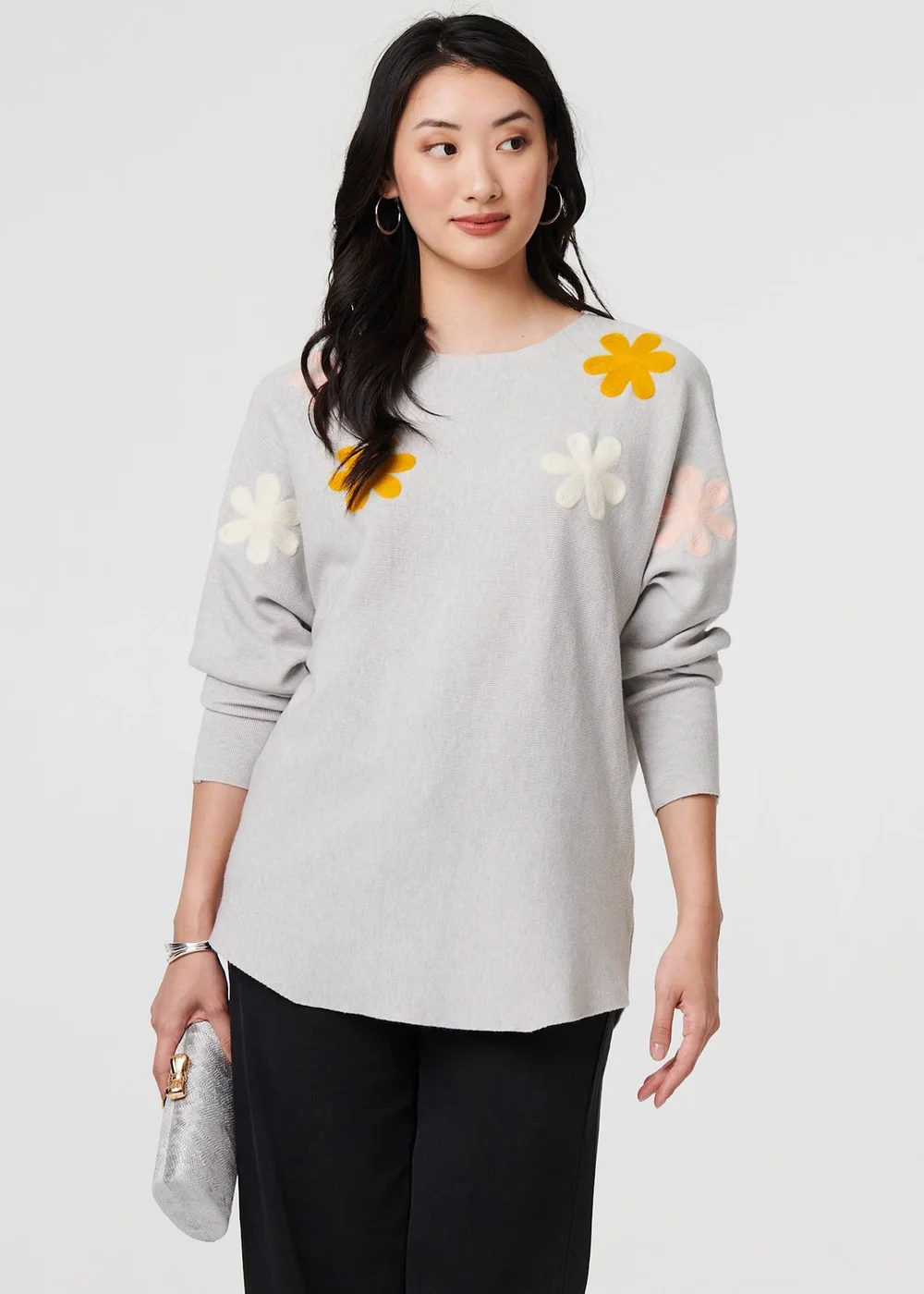 Izabel London Grey Floral Embellished Batwing Sleeve Jumper - S/M Image 1
