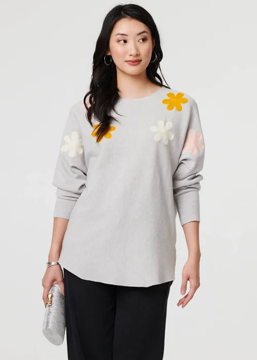 Izabel London Grey Floral Embellished Batwing Sleeve Jumper - S/M Image 1