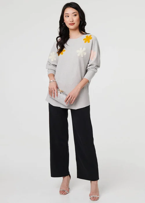Izabel London Grey Floral Embellished Batwing Sleeve Jumper - S/M Image 4