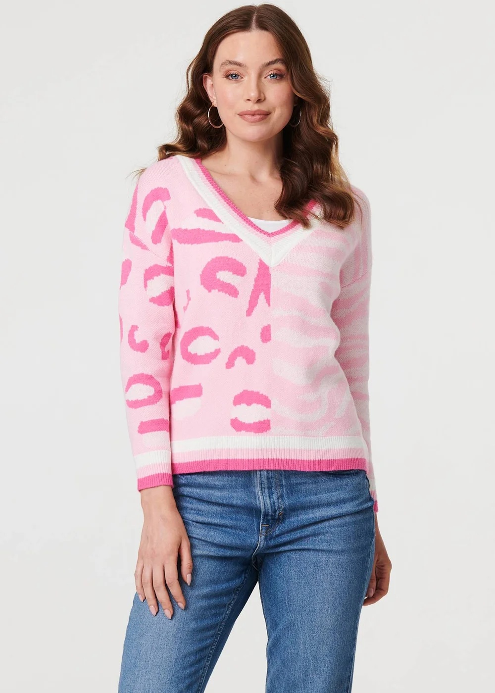 Izabel London Pink Animal Print Long Sleeve V-Neck Jumper - 10 Image 1