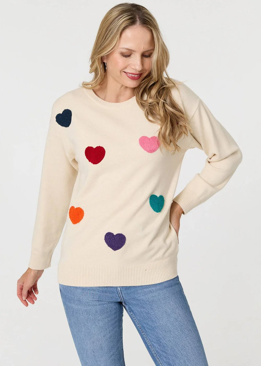 Izabel London Beige Heart Embellished Batwing Sleeve Jumper - M/L Image 1