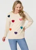 Izabel London Beige Heart Embellished Batwing Sleeve Jumper - M/L Image 1
