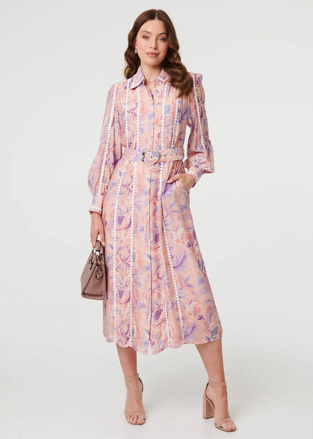 Izabel London Pink Floral Embellished Midi Shirt Dress - 10 Image 1