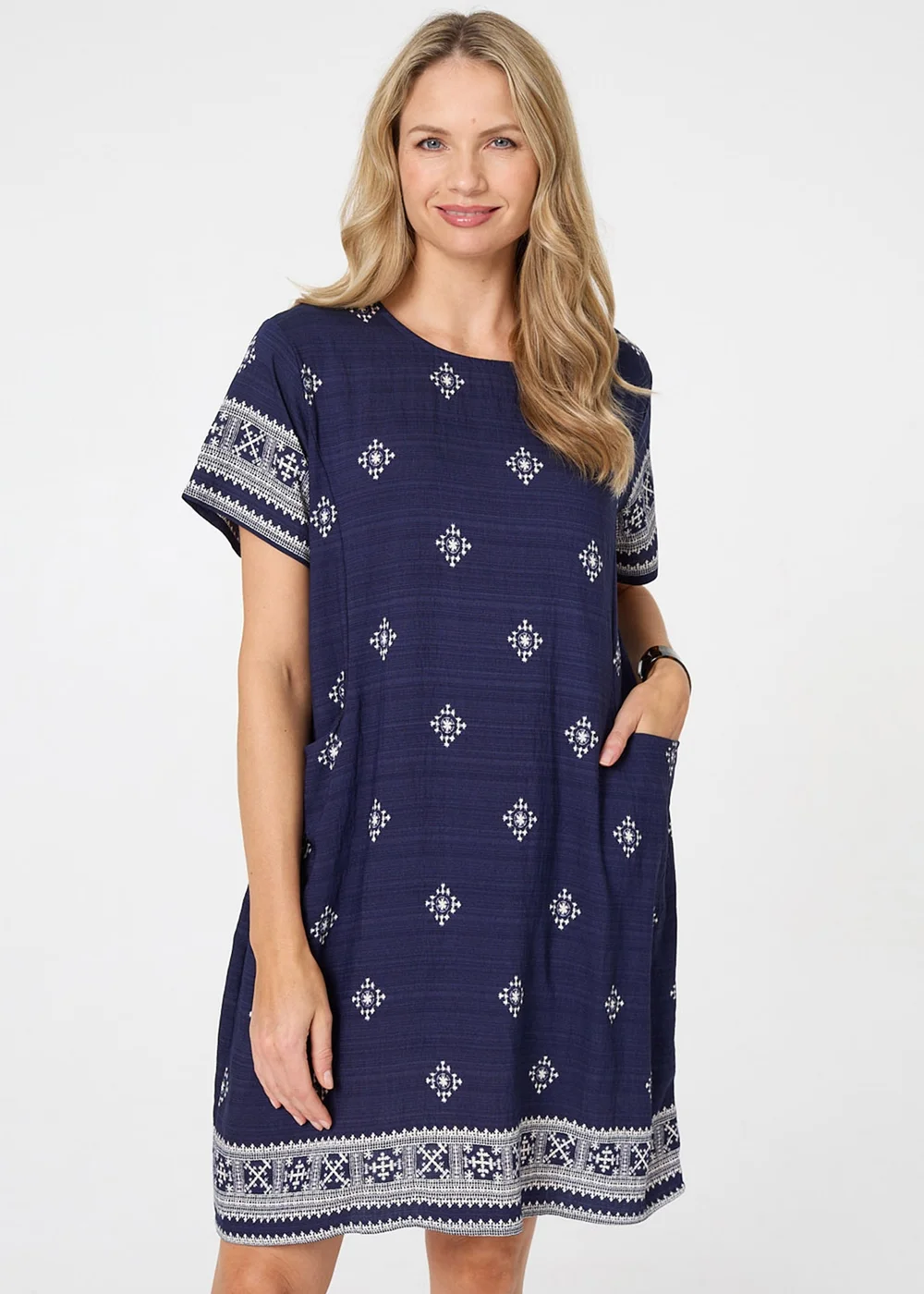 Izabel London Navy Border Print Knee Length Shift Dress - 12 Image 1