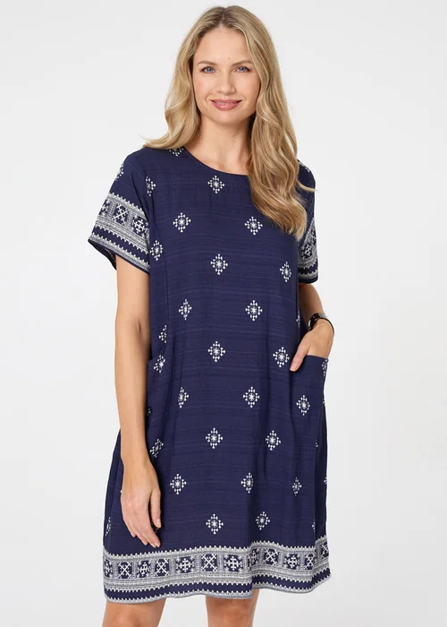 Izabel London Navy Border Print Knee Length Shift Dress - 12 Image 1