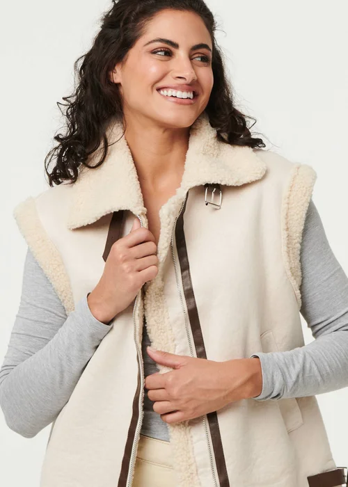 Izabel London Ivory Faux Suede Fur Lined Sleeveless Gilet - S/M Image 3