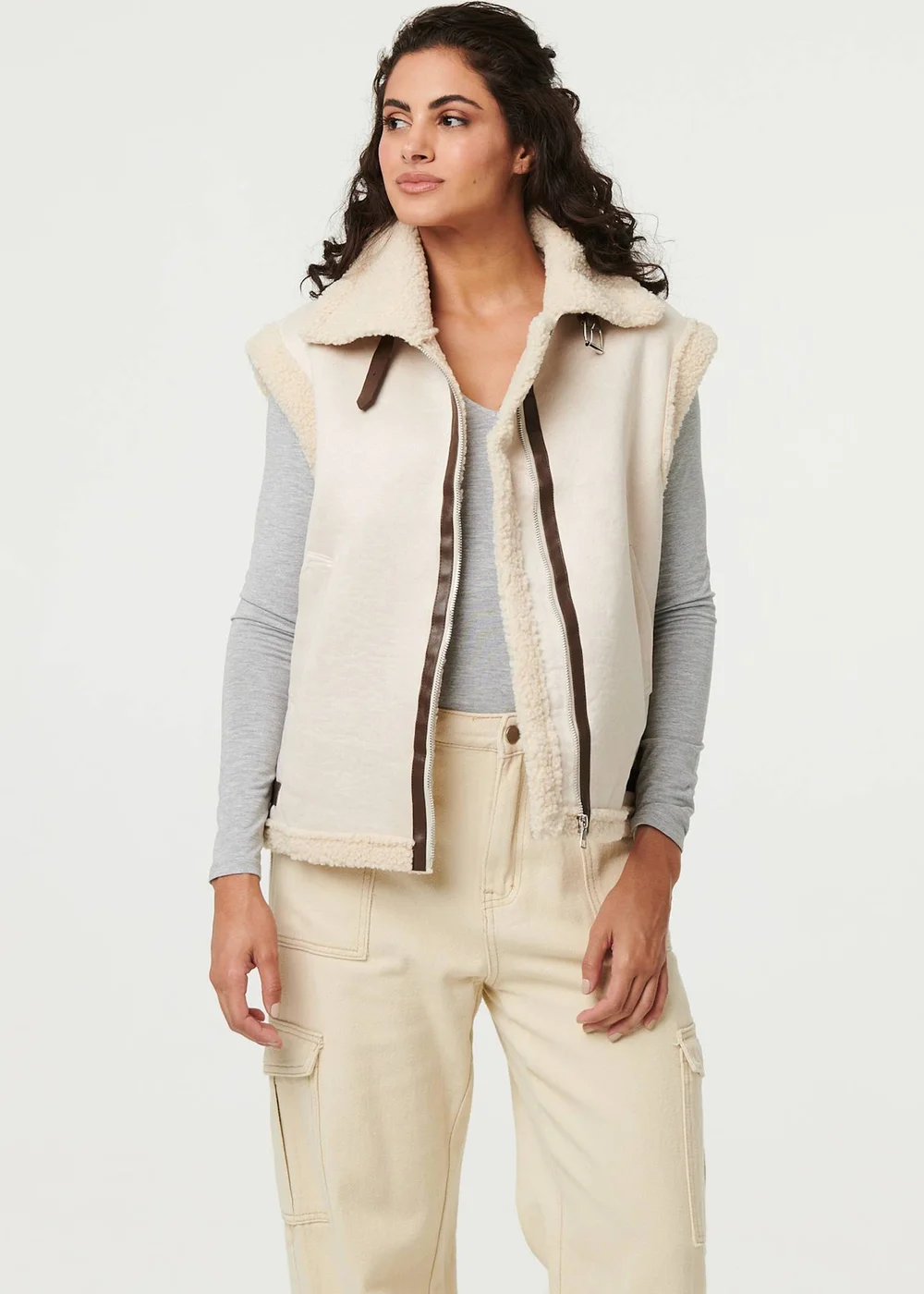 Izabel London Ivory Faux Suede Fur Lined Sleeveless Gilet - S/M Image 1