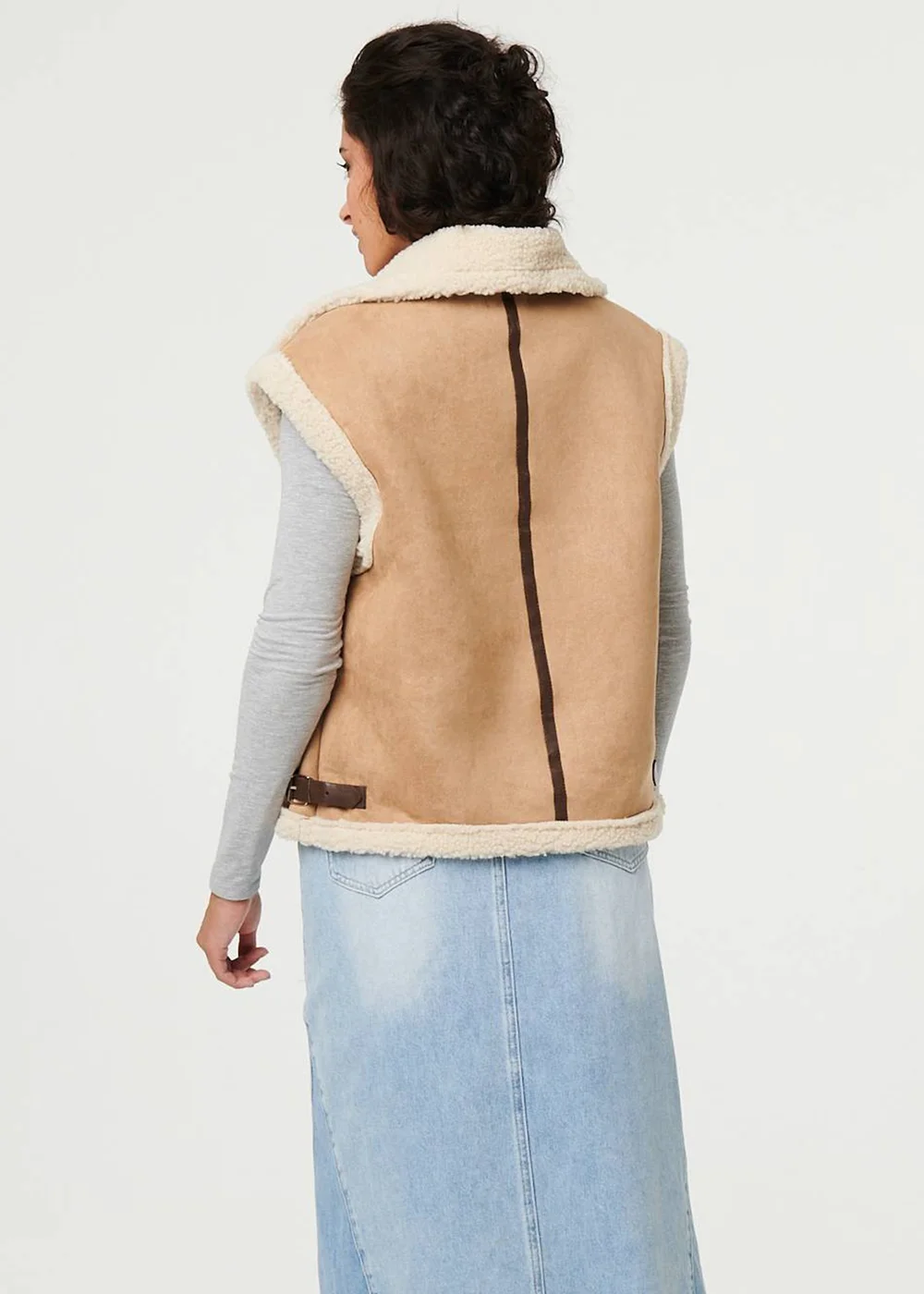 Izabel London Beige Faux Suede Fur Lined Sleeveless Gilet - S/M Image 2